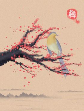复古水墨山水梅花海报