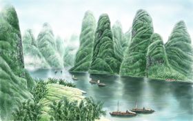 山水小镇清新插画卡通背景素材