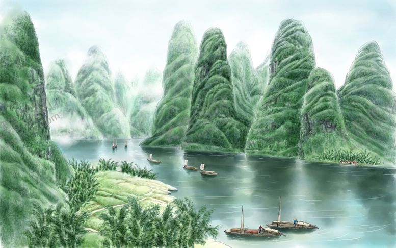 编号：78157710231927294573【酷图网】源文件下载-山水古风清新插画卡通背景素材