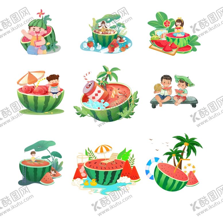 编号：35551406300620412514【酷图网】源文件下载-夏日西瓜主题欢乐插画