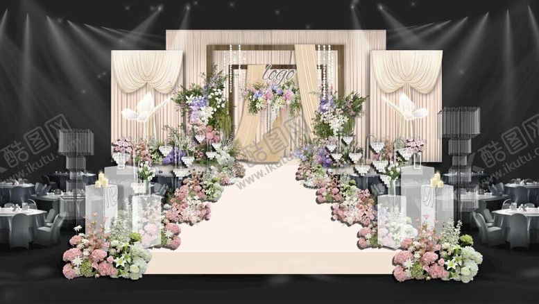 编号：36947811200145452856【酷图网】源文件下载-香槟色布幔婚礼白绿粉色