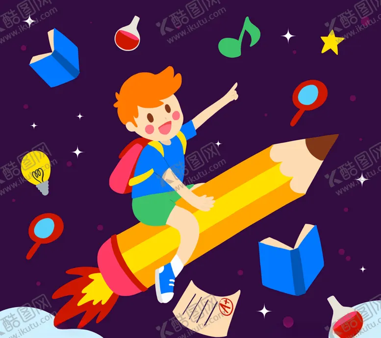 编号：40095906302159066334【酷图网】源文件下载-创意坐铅笔火箭的男孩矢量素材