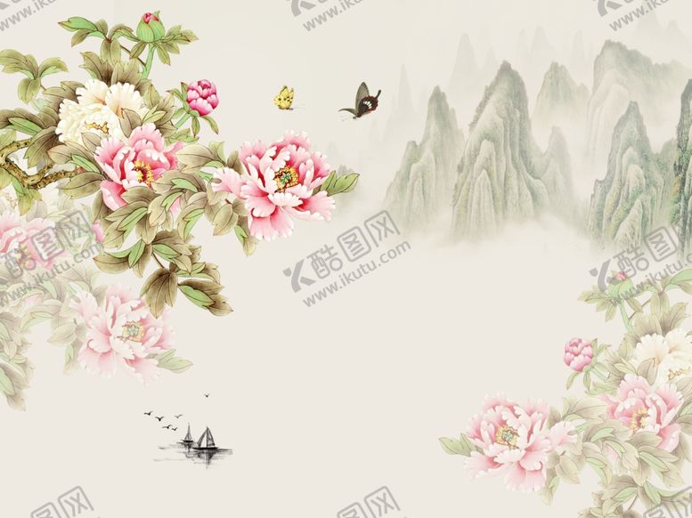编号：57896709252315521733【酷图网】源文件下载-花鸟画牡丹小船背景墙