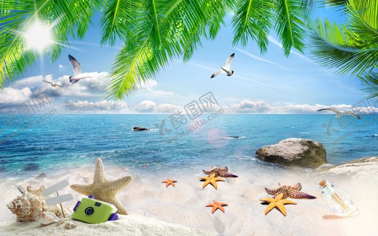 编号：50474710292102575320【酷图网】源文件下载-椰树海边风景背景墙