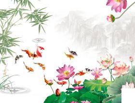 山水画九鱼莲花荷花如鱼得