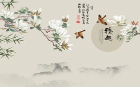 玉兰花开孔雀图背景墙