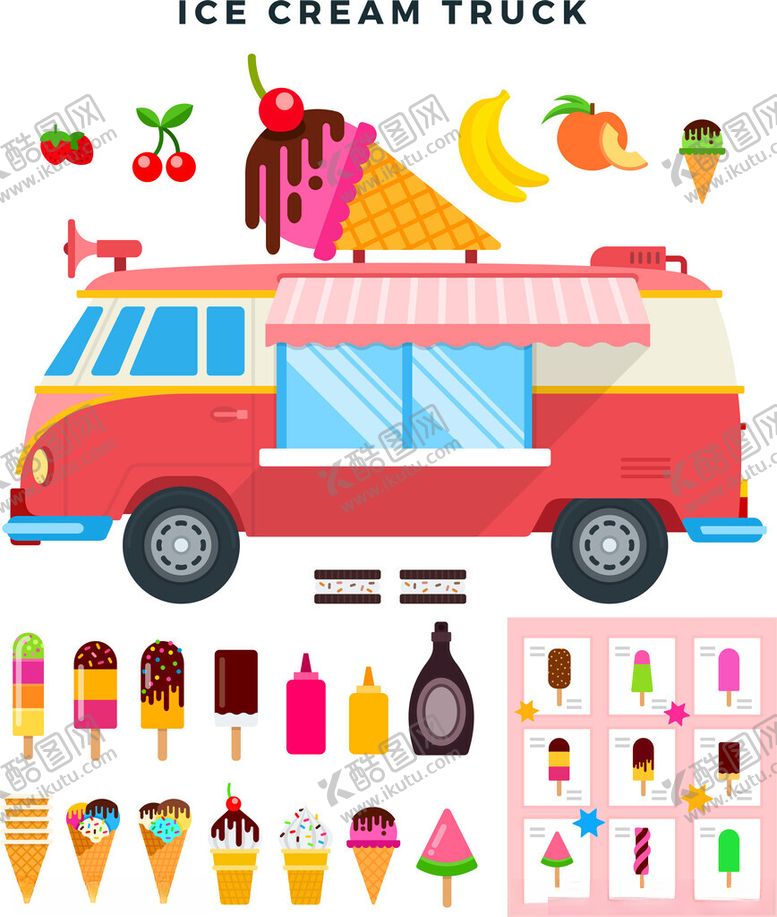 编号：16624911142019185202【酷图网】源文件下载-多彩冰淇淋车及多样冰淇淋