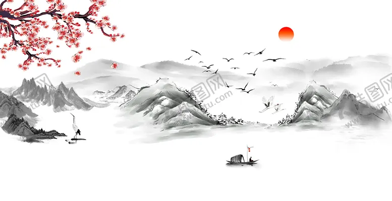 编号：63901409150836187813【酷图网】源文件下载-新中式意境山水装饰画壁纸孤舟