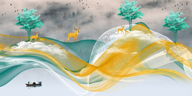 编号：46348409201253419137【酷图网】源文件下载-现代轻奢抽象发财树麋鹿晶瓷画