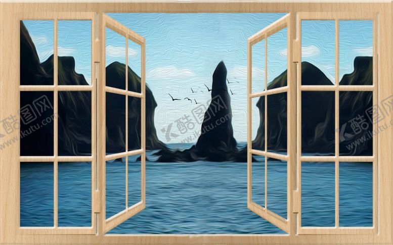 编号：70614909290421257394【酷图网】源文件下载-现代立体门窗大海奇山油画背景墙