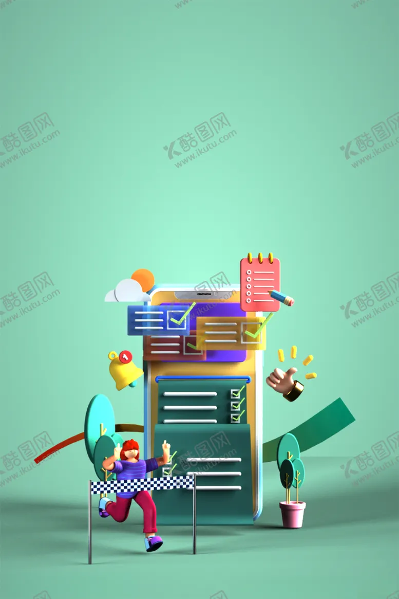 编号：42583512131042366603【酷图网】源文件下载-C4D模型手机打卡立体绿色