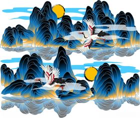 水墨山水仙鹤日出景象