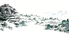 手绘山水风景水彩图