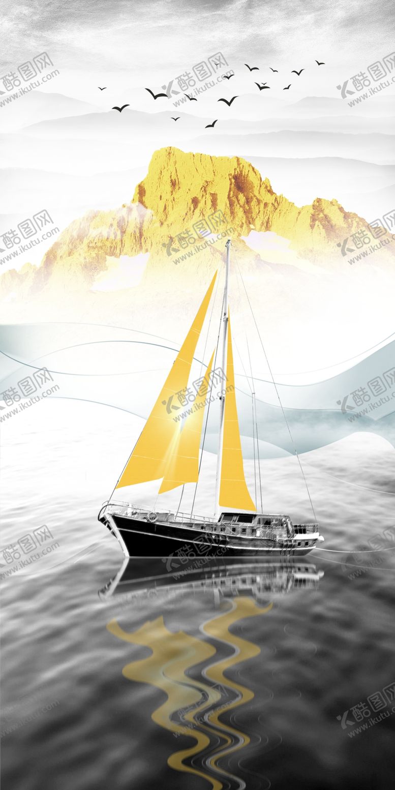 编号：65908109190355098349【酷图网】源文件下载-金色帆船一帆风顺装饰画
