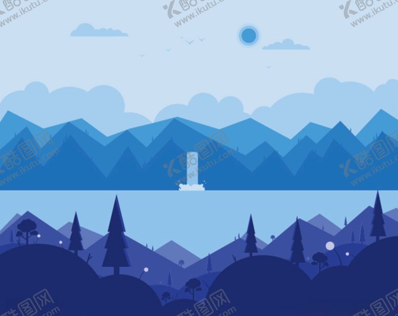 编号：22782210051122006047【酷图网】源文件下载-扁平风蓝色渐变山水插画欧美