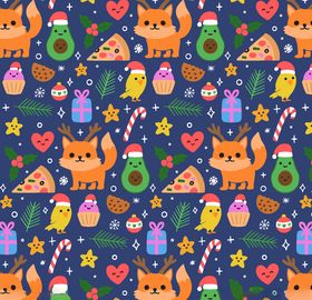 可爱圣诞狐狸和食物无缝背景