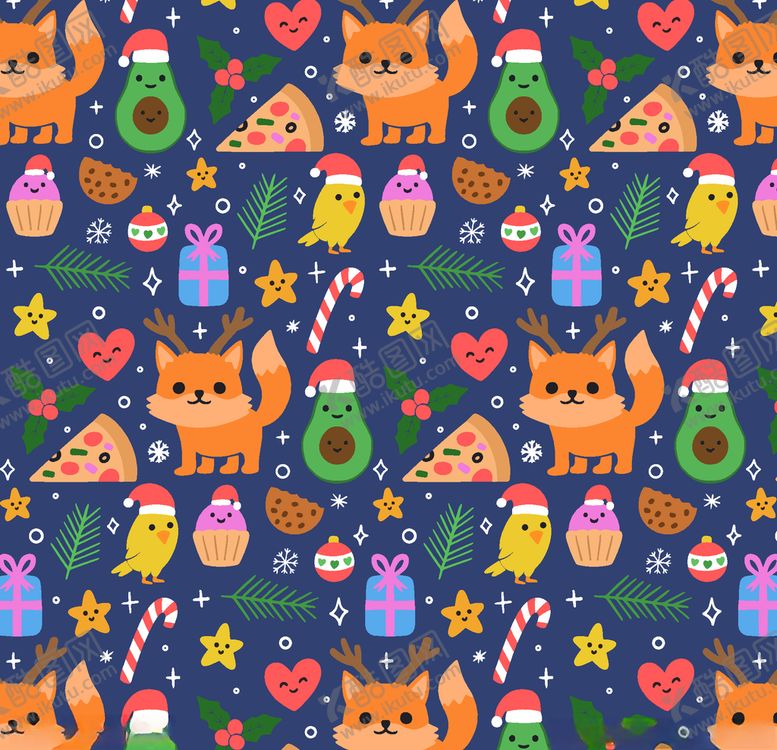 编号：75667310282351528618【酷图网】源文件下载-可爱圣诞狐狸和食物无缝背景