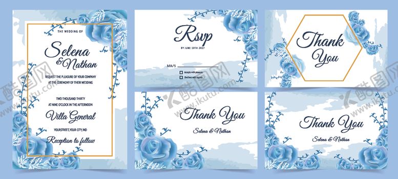 编号：52112111021811565032【酷图网】源文件下载-蓝色花卉婚礼请柬设计