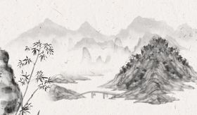 中国风水墨背景夏天山墙纸船
