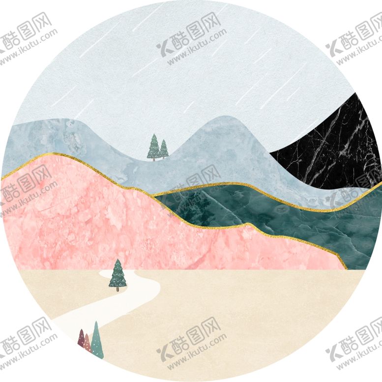 编号：68103812041649352909【酷图网】源文件下载-水彩山脉圆形挂画装饰画