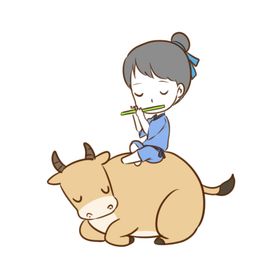 手绘女孩和牛