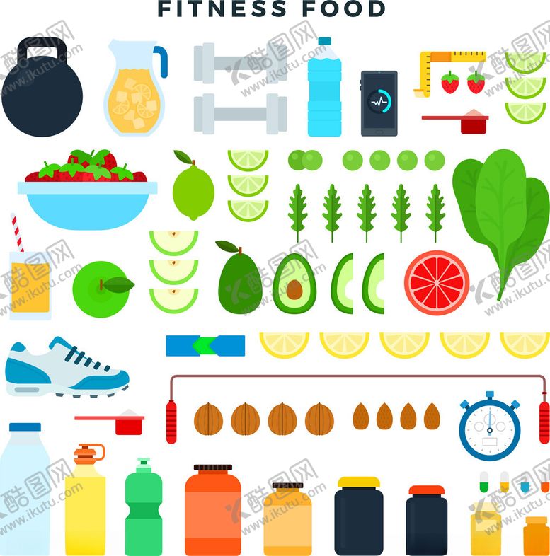 编号：42296311142321075454【酷图网】源文件下载-健身食品与运动元素集合