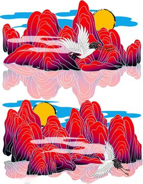 红日飞鸟映山峦