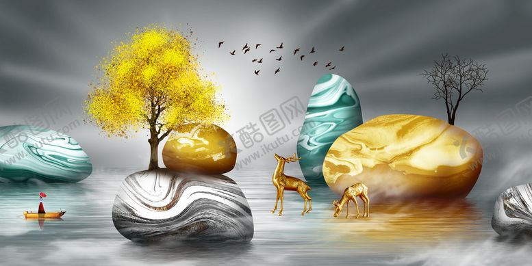 编号：94687309190901483712【酷图网】源文件下载-金色麋鹿意境山水装饰画