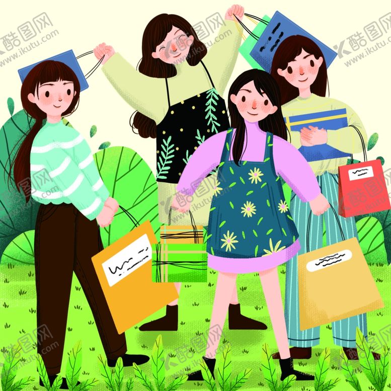 编号：93896005081820216519【酷图网】源文件下载-闺蜜购物逛街人物插画风素材