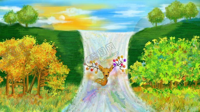 编号：73493804170526288119【酷图网】源文件下载-森林流水瀑布鹿插画横版