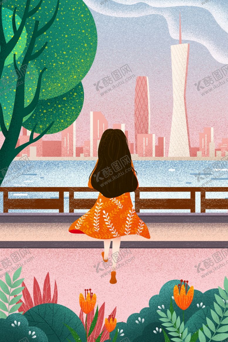 编号：60328506280653365030【酷图网】源文件下载-户外风景建筑人物女性插画背景