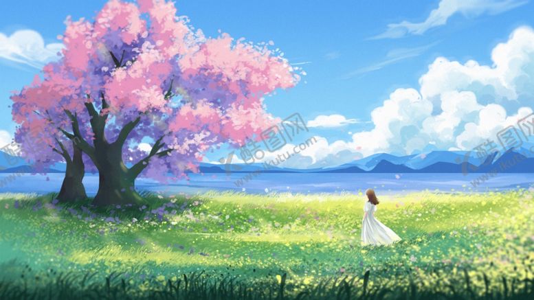 编号：32036704150048221306【酷图网】源文件下载-樱花下的田园梦幻场景