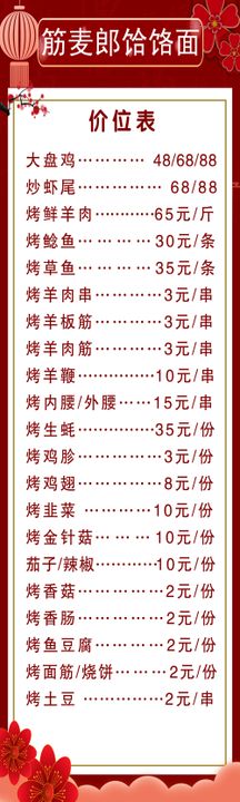 饭店价格表