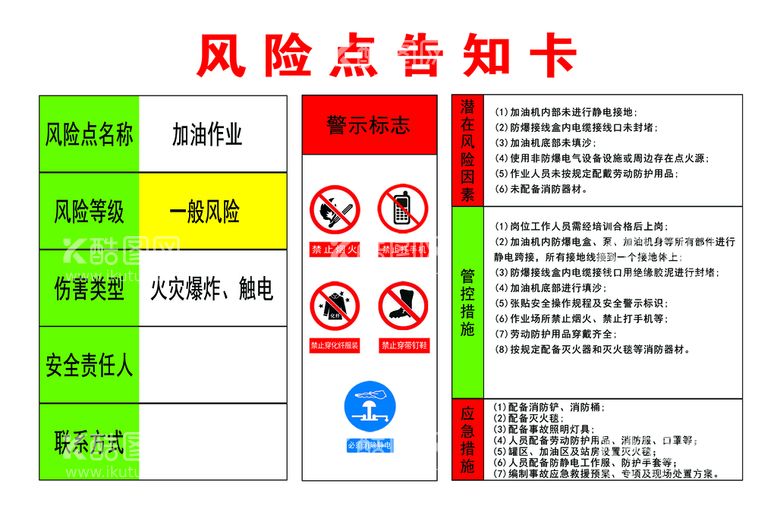 编号：60151410301632323183【酷图网】源文件下载-风险点告知卡加油作业