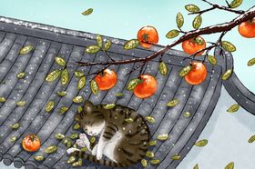 小猫午后屋顶插画卡通背景素材