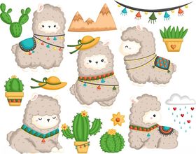 可爱羊驼与仙人掌插画
