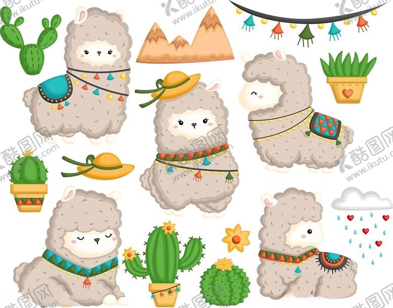 编号：74257001042045026700【酷图网】源文件下载-可爱羊驼与仙人掌插画