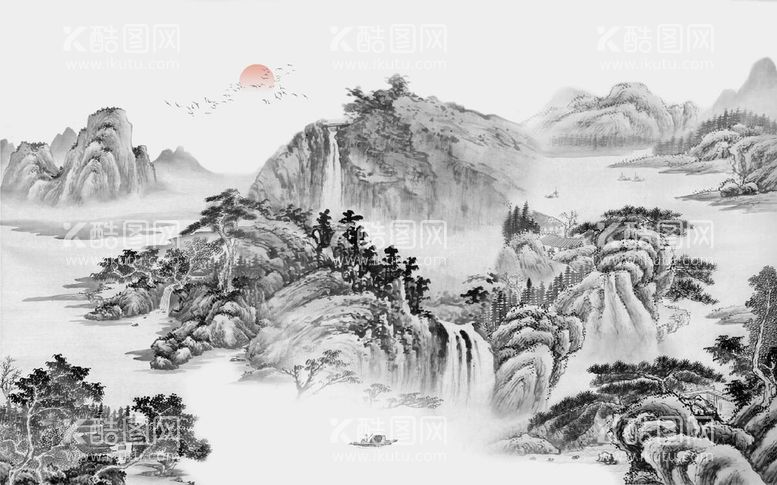 编号：60842709180611501963【酷图网】源文件下载-中式水墨山水国画电视背景墙