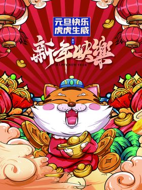 新年快乐元旦老虎国潮风海报虎