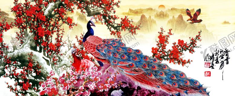 编号：90994910211722435536【酷图网】源文件下载-孔雀横幅挂画