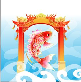 手绘矢量图卡通鲤鱼跳龙门