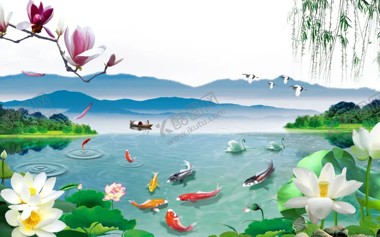 编号：89241311271859209828【酷图网】源文件下载-荷花山水风景画素材