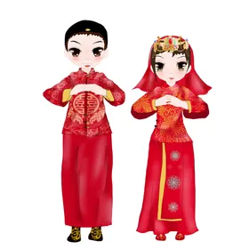 卡通新郎新娘PNG免扣素材情侣Q版中国风人婚庆海报