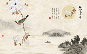 花鸟画玉堂富贵小船背景墙