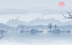 水墨背景山画窗帘画