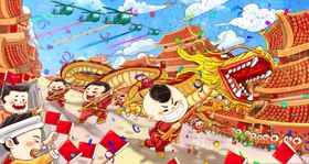 新年国风传统插画卡通背景素材