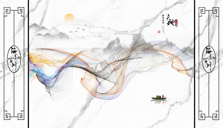 编号：27303307032319122909【酷图网】源文件下载-水墨山水小船飘带背景墙