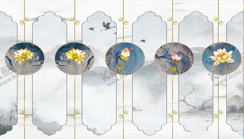 编号：23523705121535366572【酷图网】源文件下载-水墨画荷花蝴蝶背景墙