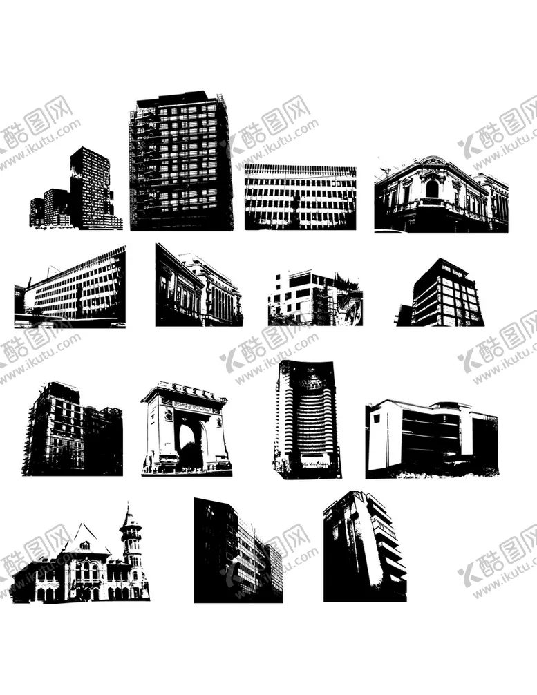 编号：31079810100131531863【酷图网】源文件下载-多款城市高楼建筑黑白剪影