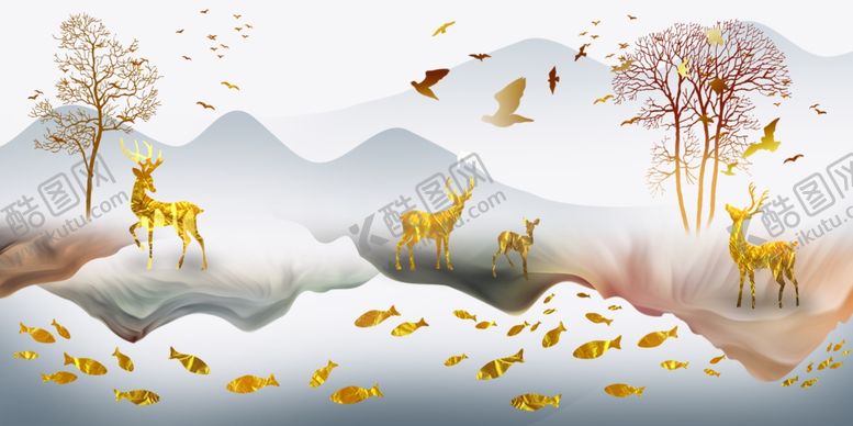 编号：52095212020240394146【酷图网】源文件下载-金色麋鹿意境山水装饰画